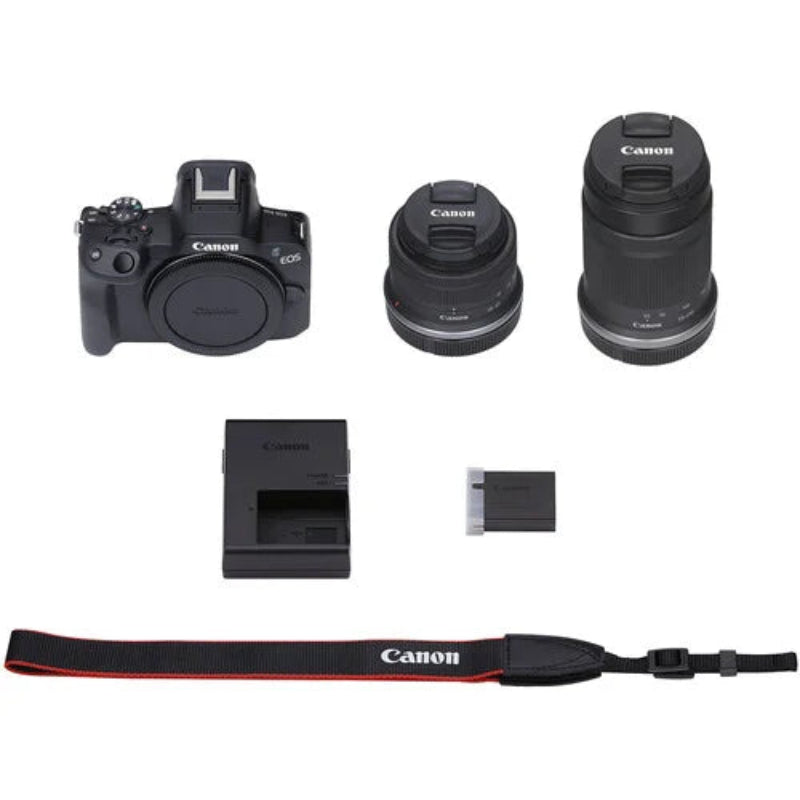 Canon EOS R50 Mirrorless Camera with 18-45mm and 55-210mm Lenses.