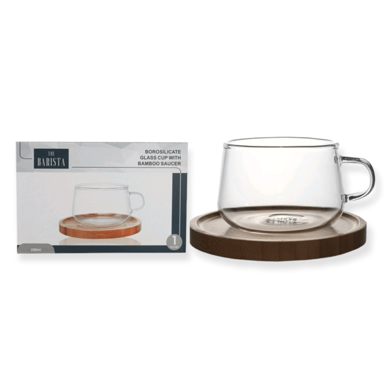 The Barista MUG The Barista Borosilicate Glass Cup with Bamboo Saucer Clear (7287313891417)