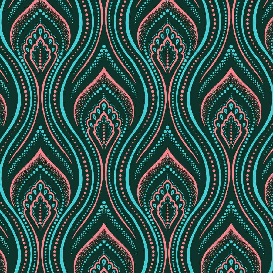 Original 3 Cats Fabric C/W75 Bottle Green & Coral 90cm
