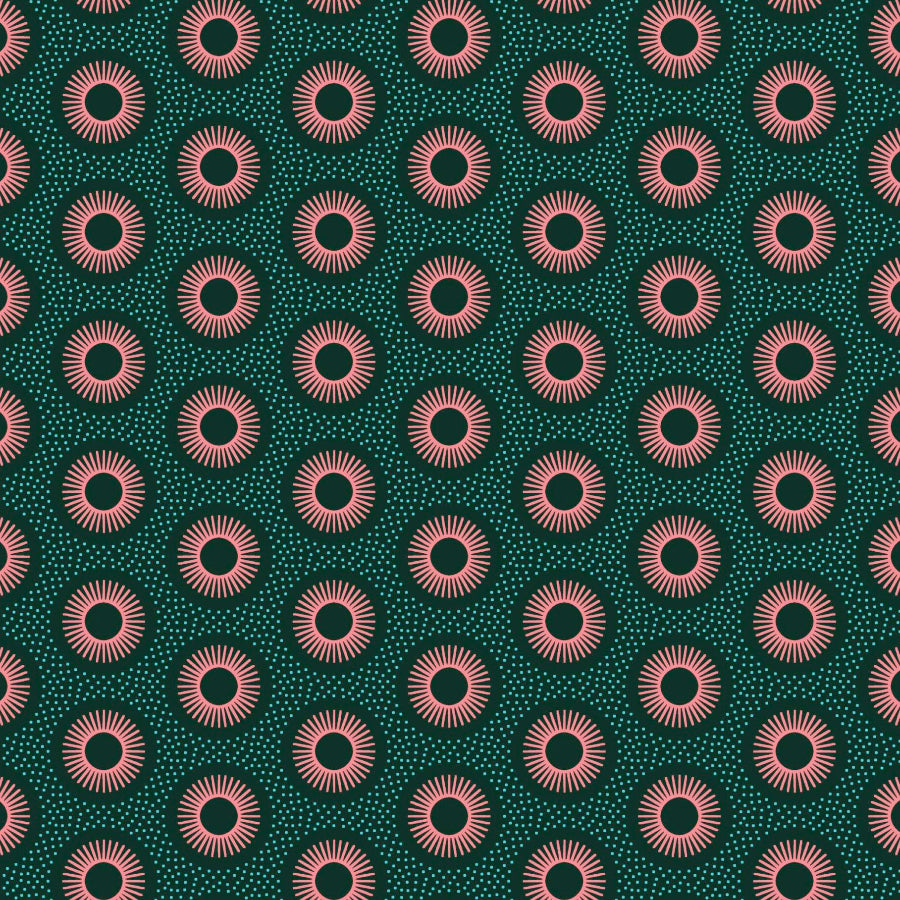 Original 3 Cats Fabric C/W75 Bottle Green & Coral 90cm