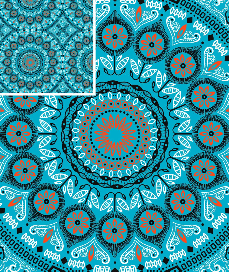 Original 3 Cats Fabric C/W251 Turquoise/Orange 90cm
