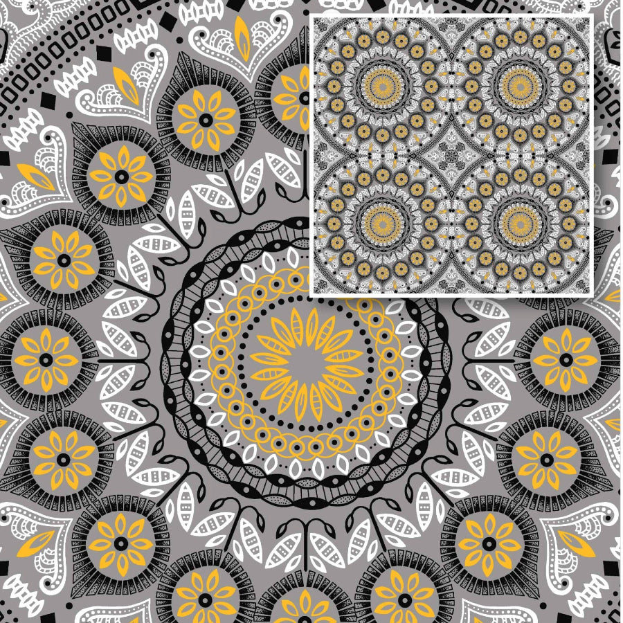 Original 3 Cats Fabric C/W881 Grey&Mustard 90cm