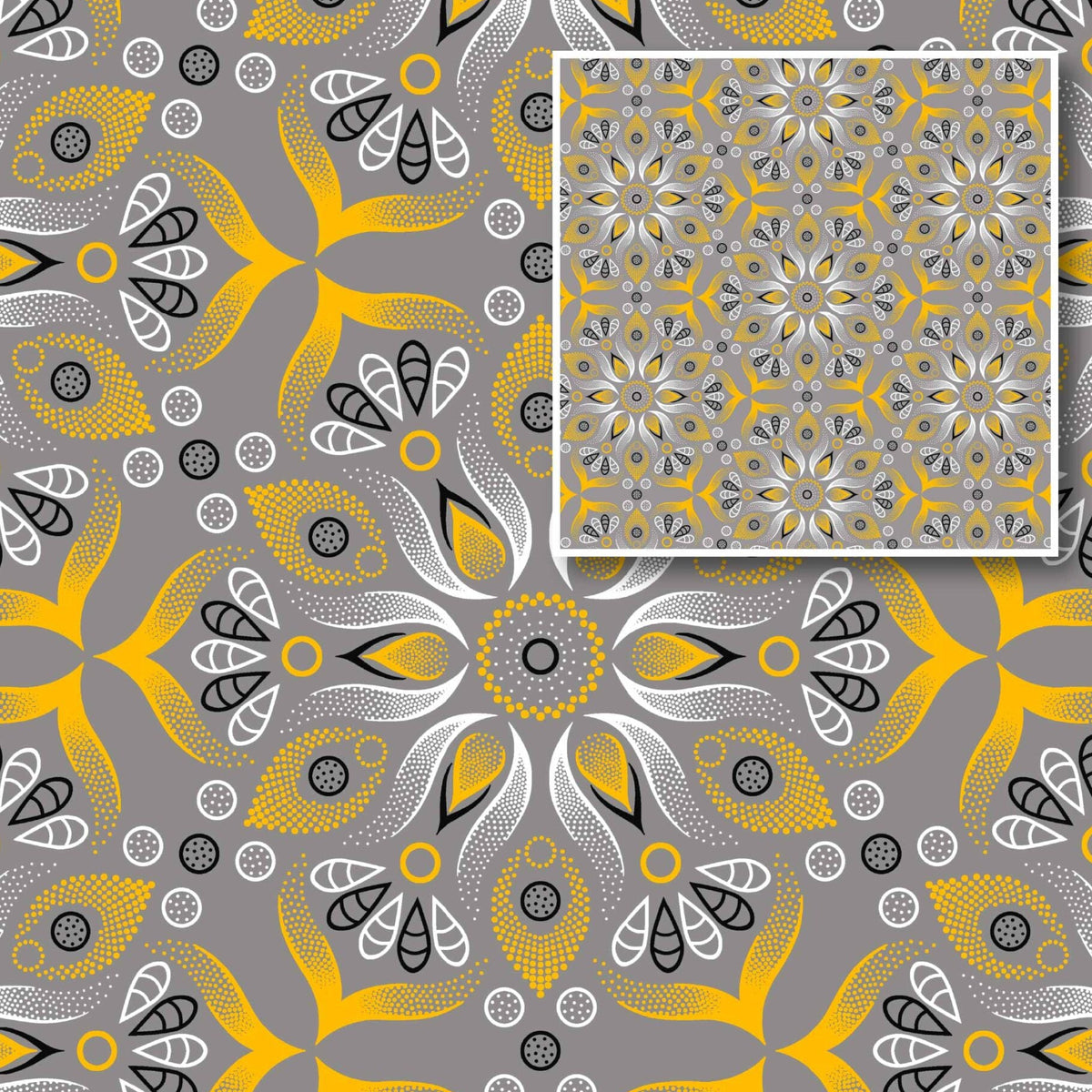 Original 3 Cats Fabric C/W881 Grey&Mustard 90cm