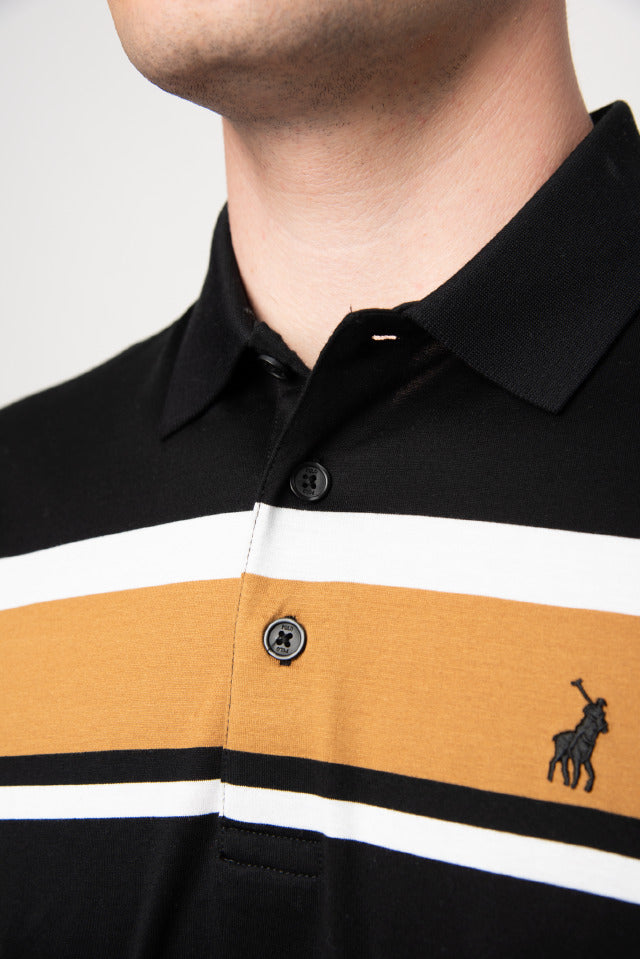Polo Mens Stripe Double Mercerised Golfer Black