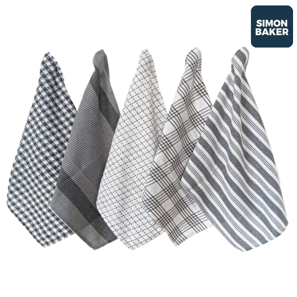Simon Baker 100% Cotton Steel Grey Kitchen Towel Set of 5