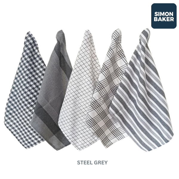 Simon Baker 100% Cotton Steel Grey Kitchen Towel Set of 5