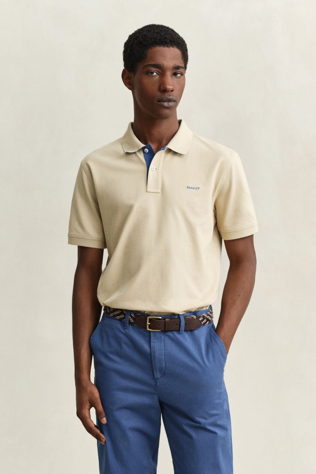 Gant Men's Contrast Piqué Short Sleeve Subtle Stretch Polo Shirt-Oat Beige 355891