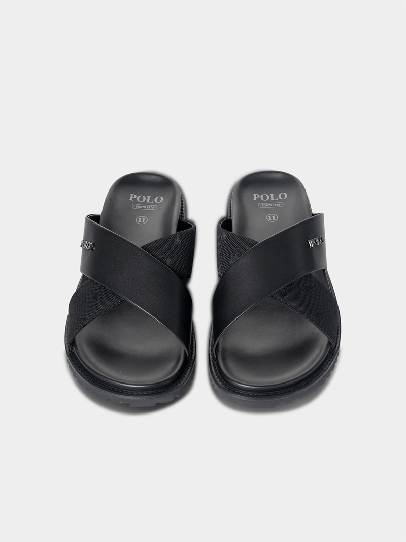 Men's Polo Black Cross Strap Jacquard Sandals