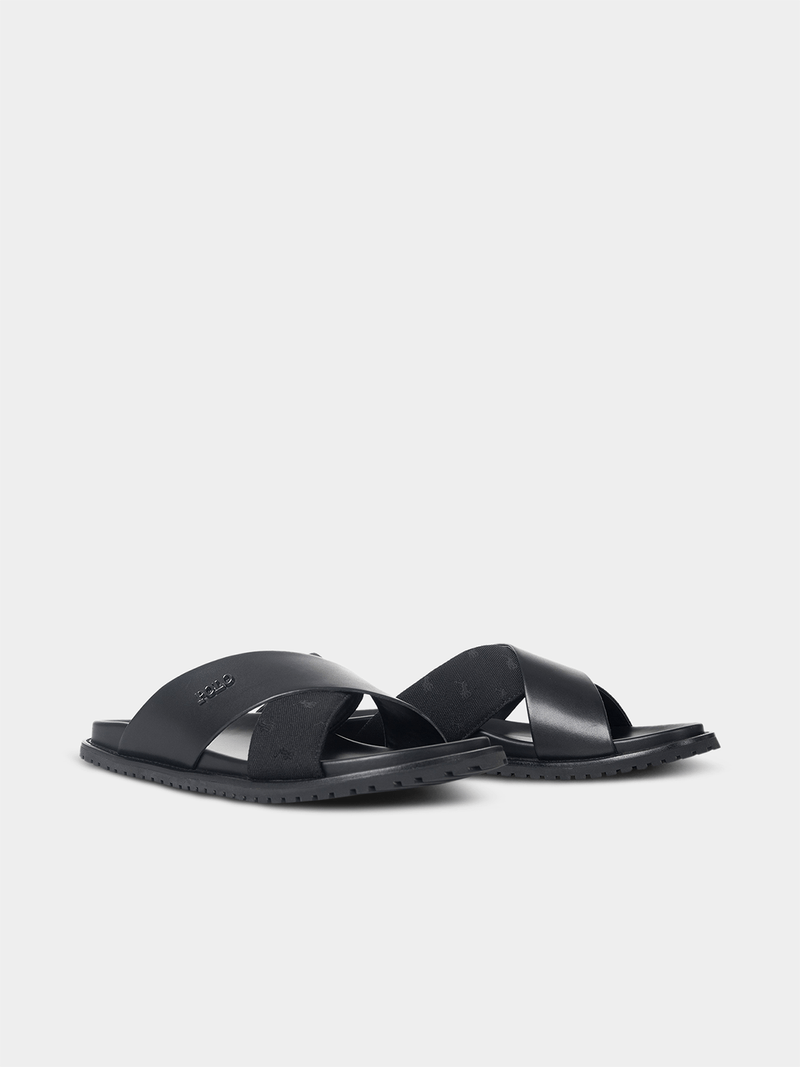 Men's Polo Black Cross Strap Jacquard Sandals