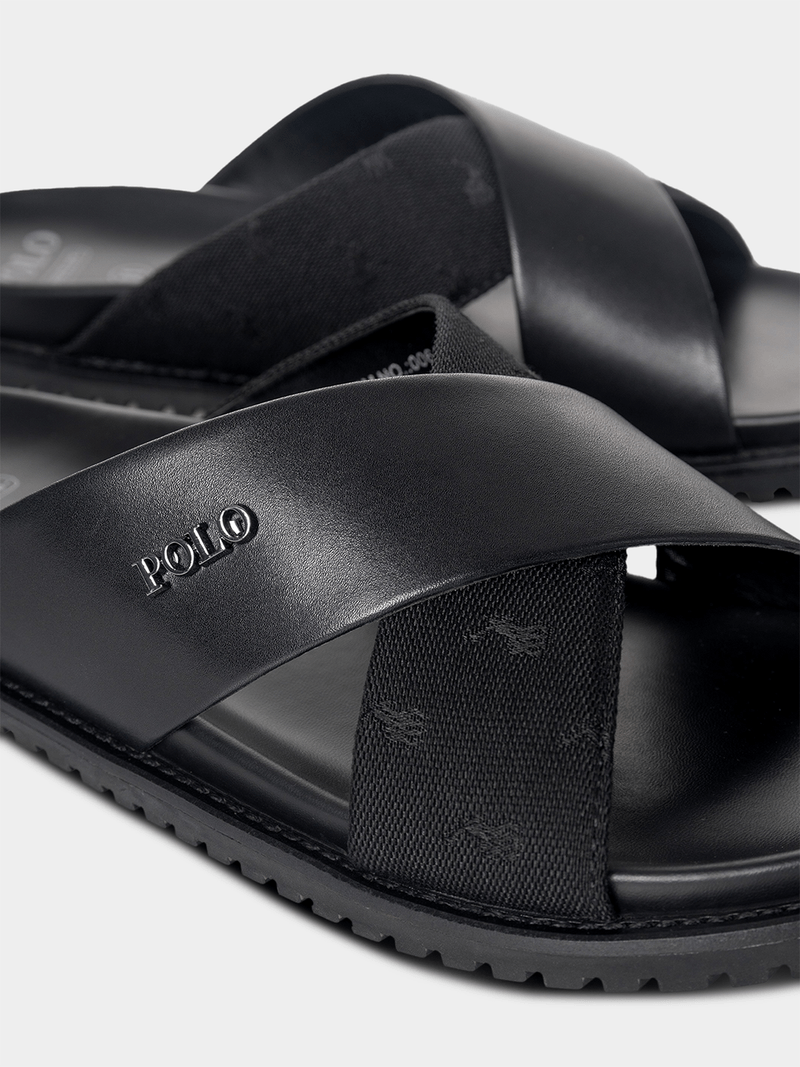 Men's Polo Black Cross Strap Jacquard Sandals