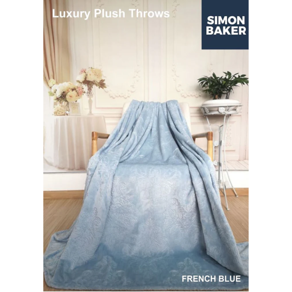 Simon Baker Luxury Plush Embossed Blanket 200x240cm French Blue