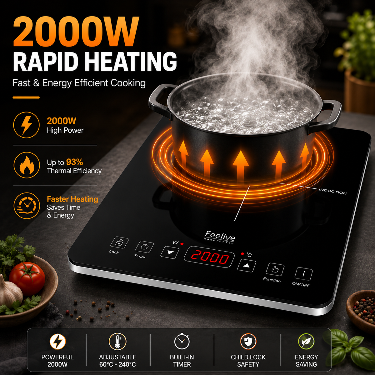 Feelive 2000W Portable Induction Cooktop Touch Control Black SK-20CB16T