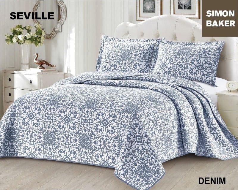 SIMON BAKER BEDSPREAD Queen: 250x270cms plus 2 Pillowcases Simon Baker Seville Jacquard Bedspread Denim (6595059220569)