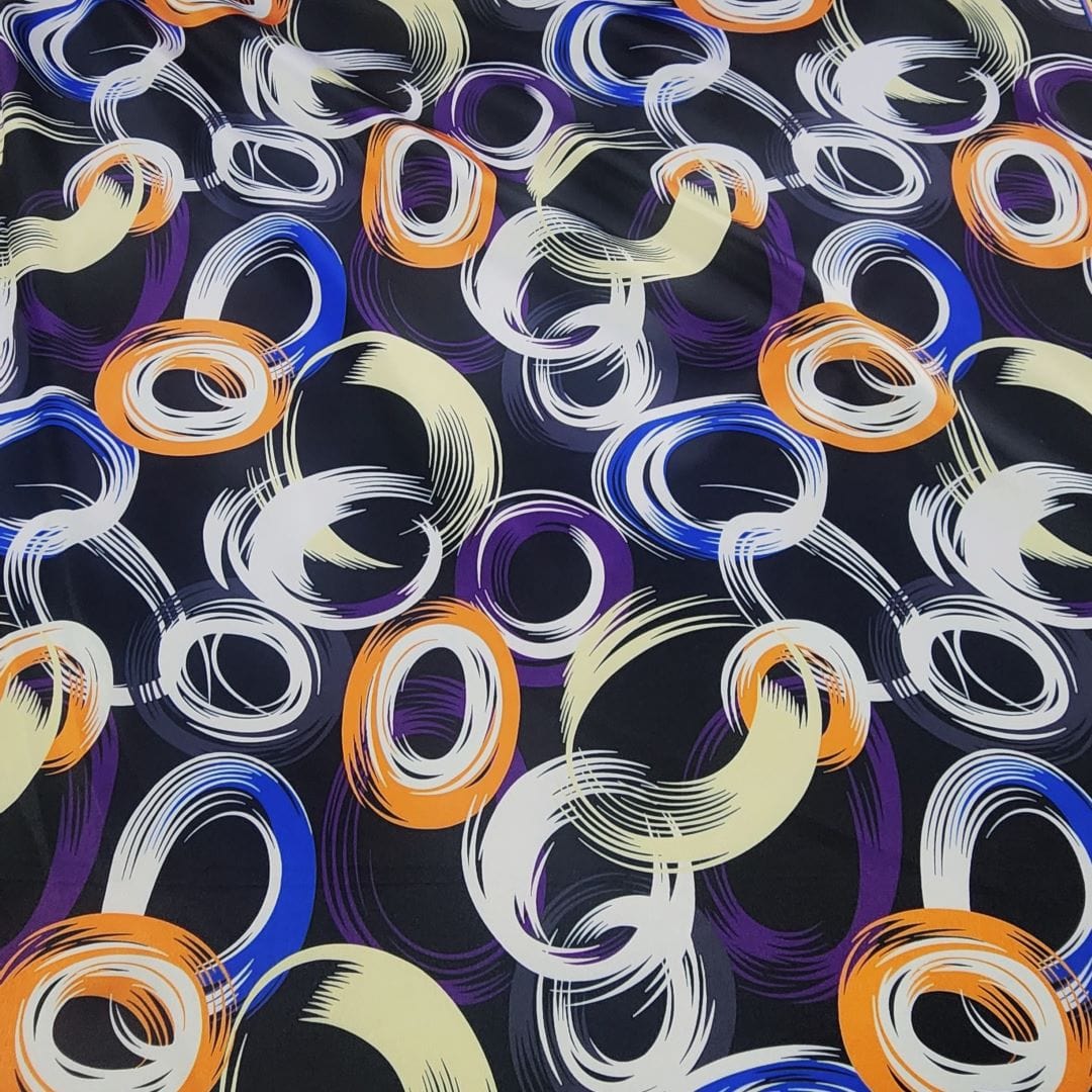 SATIN Dress Fabrics Printed Milano Satin Fabric Black/Orange/Blue 150cm (7468066963545)