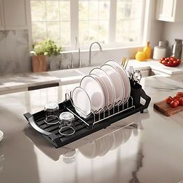 CH Adjustable Dish Drying Rack With Utensil Holder & Drip Tray Black CH1150.