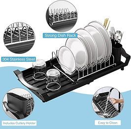 CH Adjustable Dish Drying Rack With Utensil Holder & Drip Tray Black CH1150.