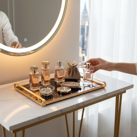 Tazzy Gold Metal Tray With Glass Base SGN3464.