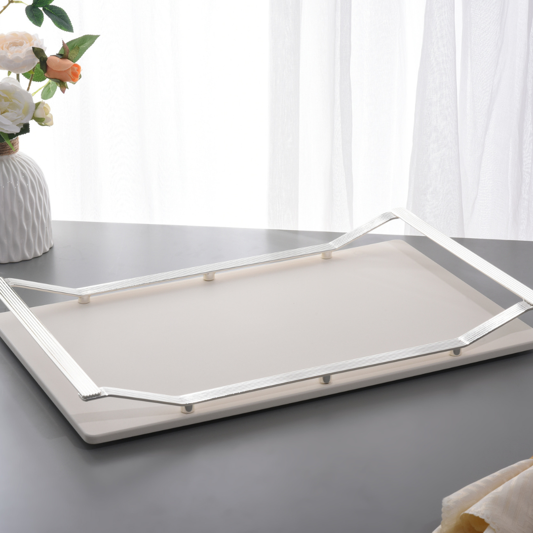 Tazzy Silver Metal Tray With Wooden Base SGN3466.