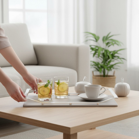Tazzy Silver Metal Tray With Wooden Base SGN3466.