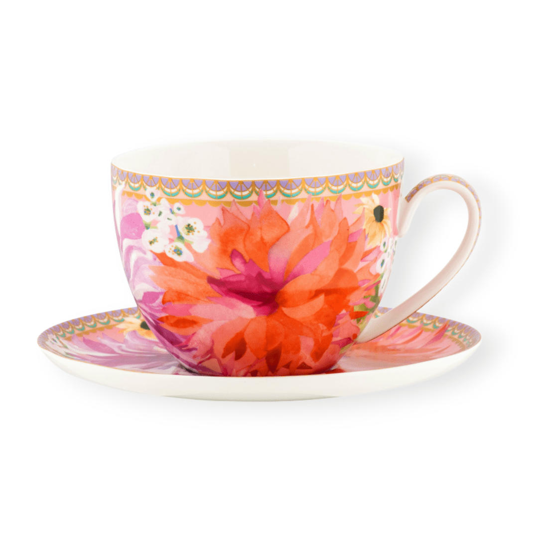 Maxwell & Williams MUGS Maxwell & Williams Dahlia Daze Breakfast Cup & Saucer 400ML Pink 400ml HV0356 (4719877324889)