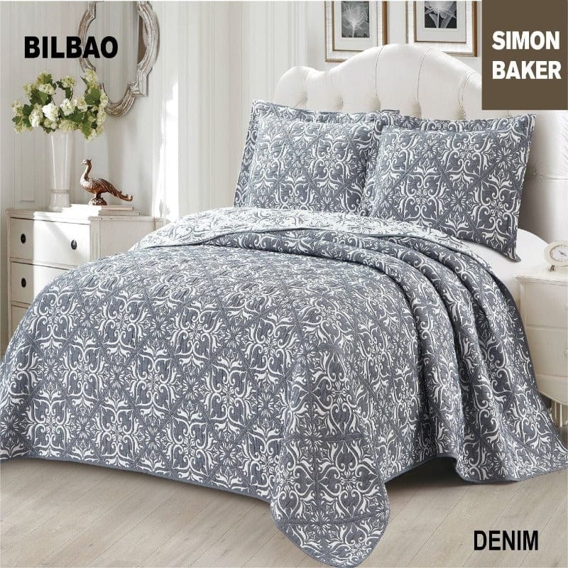 SIMON BAKER BEDSPREAD Queen: 250x270cms plus 2 Pillowcases Simon Baker Bilbao Jacquard Bedspread Denim (6595027271769)