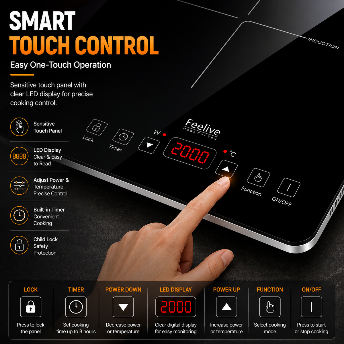 Feelive 3500W Double Induction Cooktop Touch Control Black SK-20CB16T