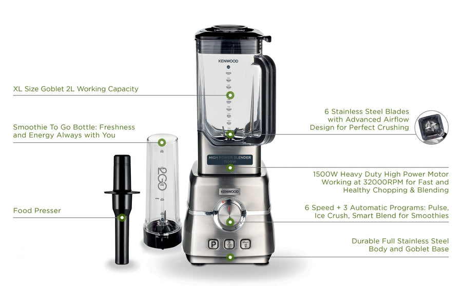 Kenwood High Power Blender with Smoothie Bottle S/Steel 1500W BLM91.640SS