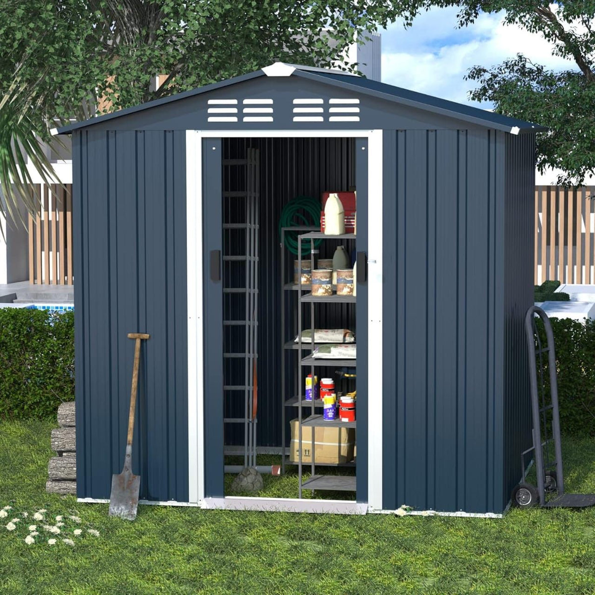 Durable steel garden shed with easy access and weather-resistant design.