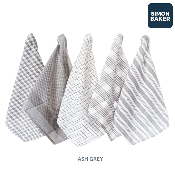 Simon Baker 100% Cotton Ash Grey Kitchen Towel Set of 5