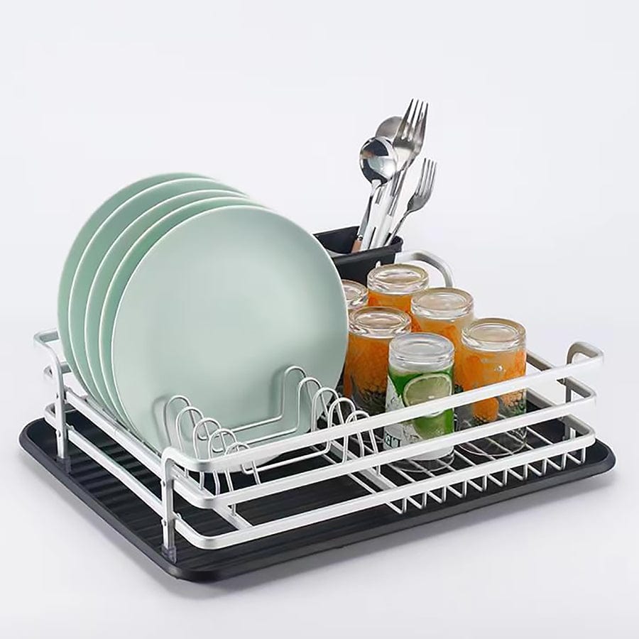 Stainless Steel Decor DISH RACK SILVER ALUMINIUM WITH BLACK PLASTIC UTENSIL HOLDER 42103 (2061615333465)