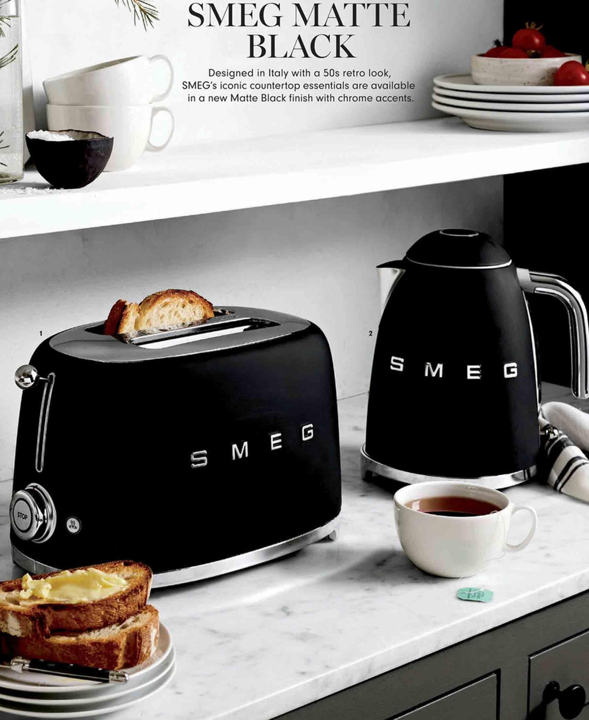 smeg TOASTER & KETTLE Smeg 50's Retro Style Kettle and 2 Slice Toaster Set Black (7346593103961)