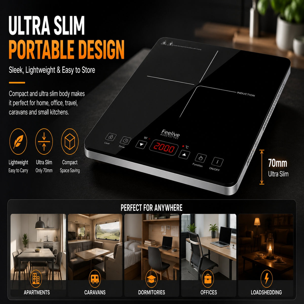 Feelive 3500W Double Induction Cooktop Touch Control Black SK-20CB16T