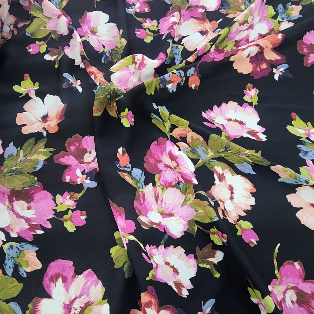 CHIFFON Dress Fabrics Printed Chiffon Black Floral Fabric 150cm (7336173404249)