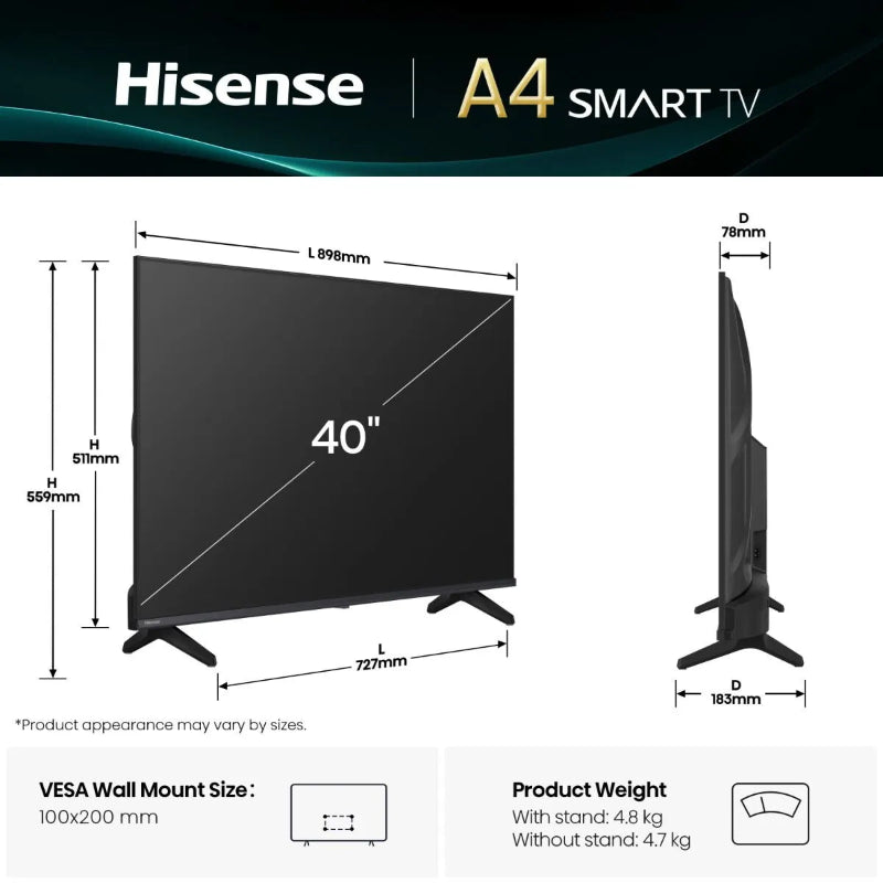 Hisense 102cm (40") Smart LED TV - 40A4Q (8038164299865)