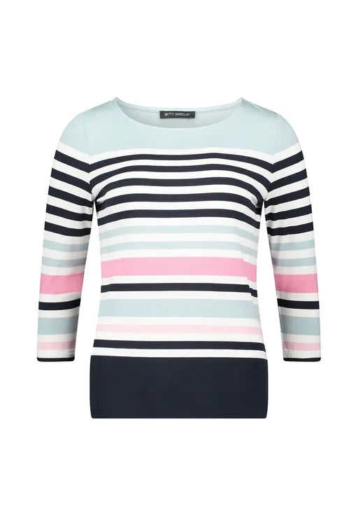 Betty Barclay Ladies Basic Shirt With Boat Neck-Mint/Dark Blue 2766/1828