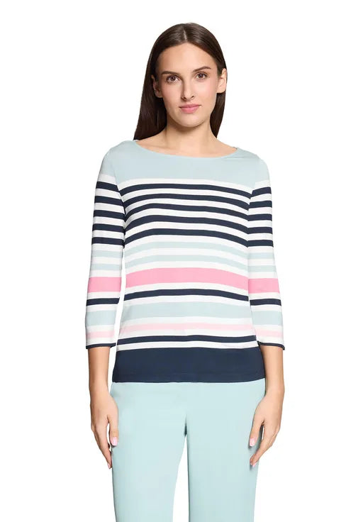 Betty Barclay Ladies Basic Shirt With Boat Neck-Mint/Dark Blue 2766/1828