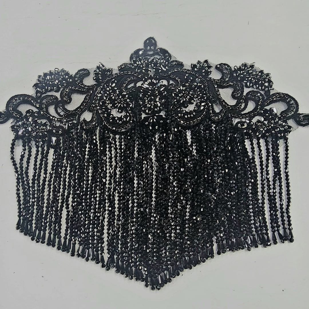 BEADED PATCHES Habby Beaded Patch With Fringing Black (7456513228889)