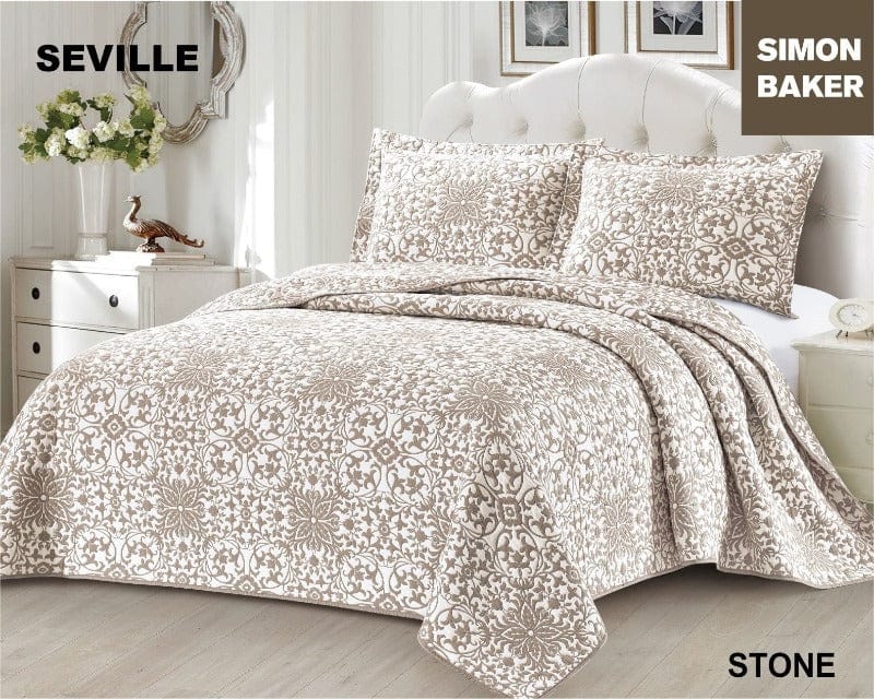 SIMON BAKER BEDSPREAD Queen: 250x270cms plus 2 Pillowcases Simon Baker Seville Jacquard Bedspread Stone (6595062169689)