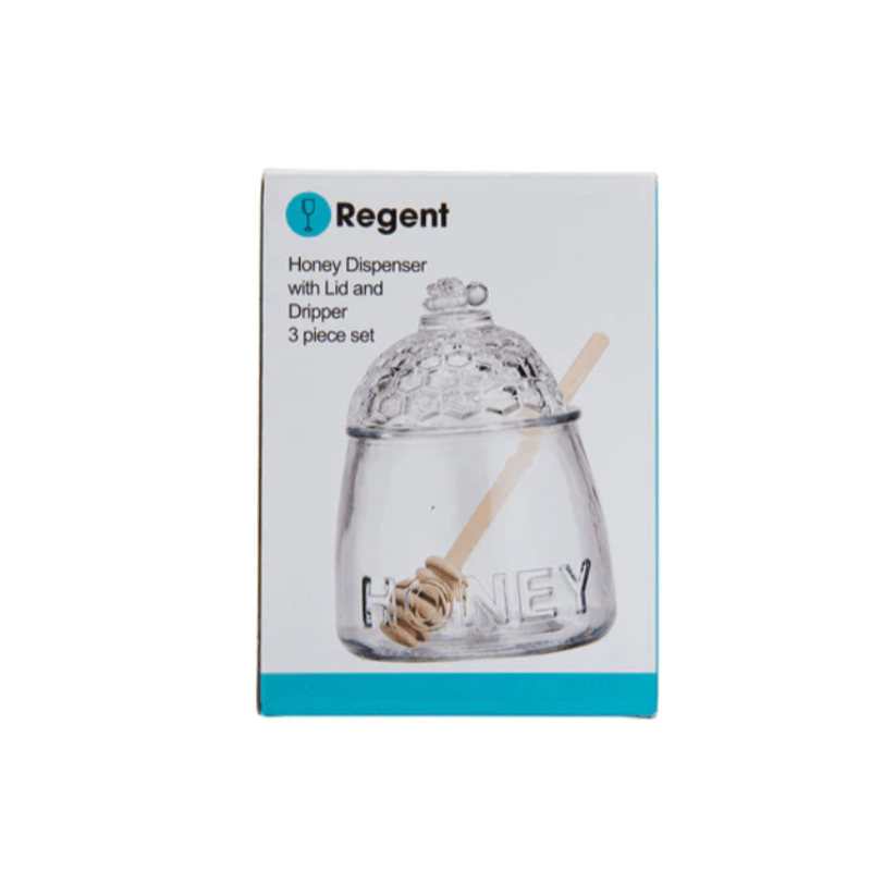 Regent Dispensers Regent Glass Honey Dispenser With Lid & Dipper 590ml Set 3 Piece (7099319976025)
