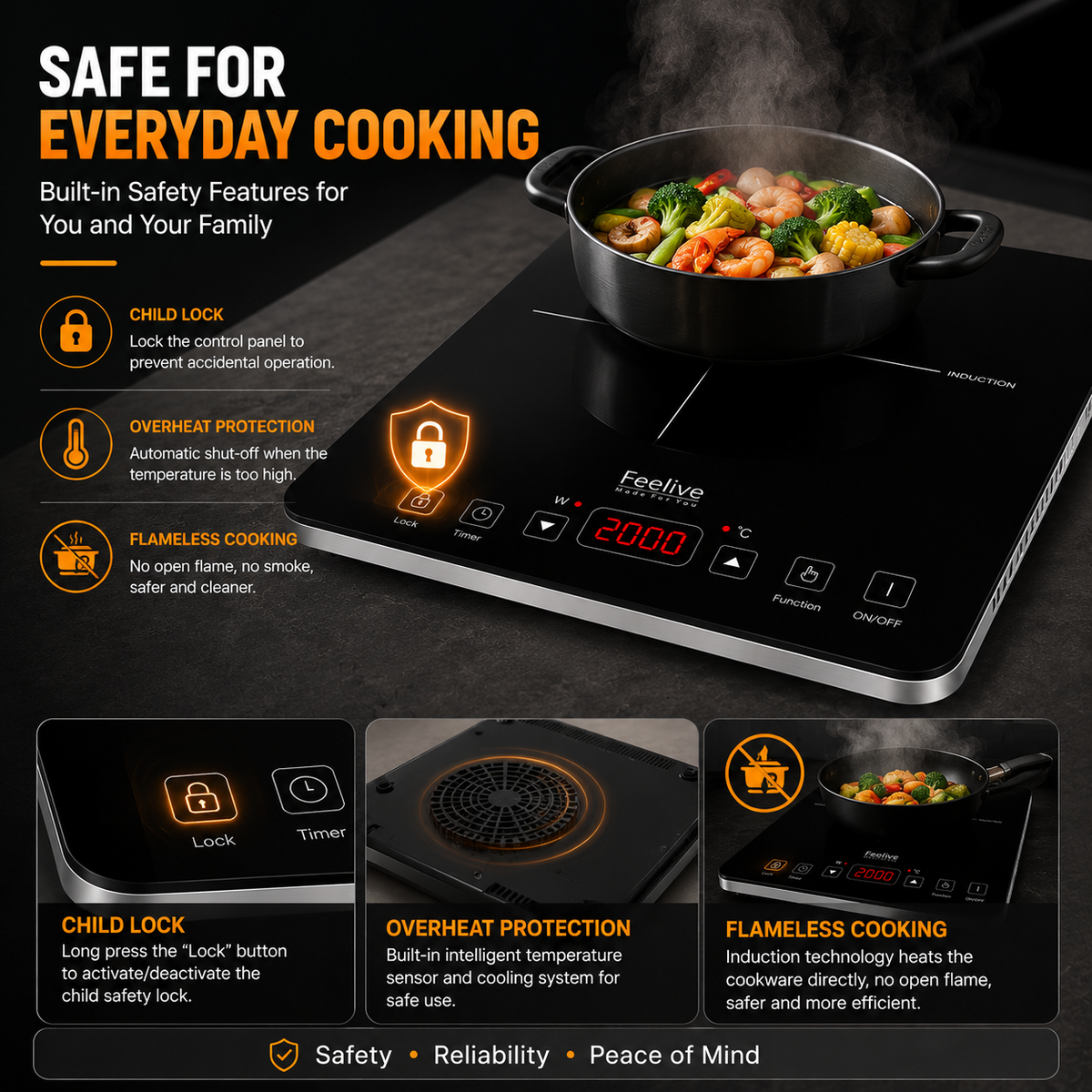Feelive 3500W Double Induction Cooktop Touch Control Black SK-20CB16T