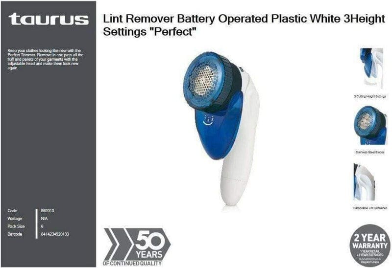 Taurus Lint Remover Taurus Lint Remover Battery Operated Plastic White 3height Settings "Perfect" (6807029121113)