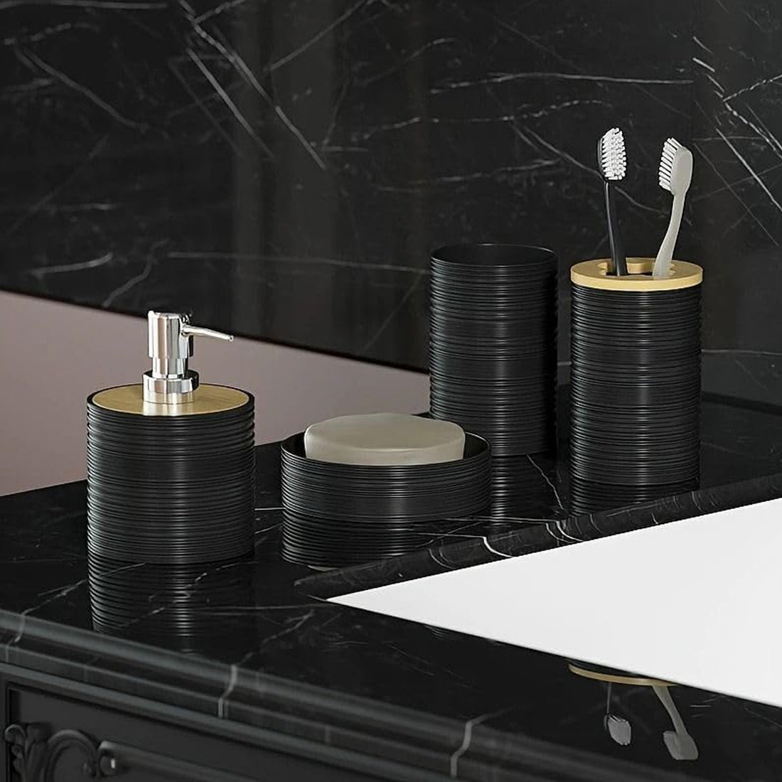CH 6pc Bathroom Accessory Set With Bamboo Lids Black CH1600