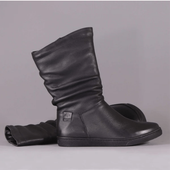 Froggie Ladies Boots Froggie Ruched Flat Mid- Calf Boot In Black-10970 (7301112332377)