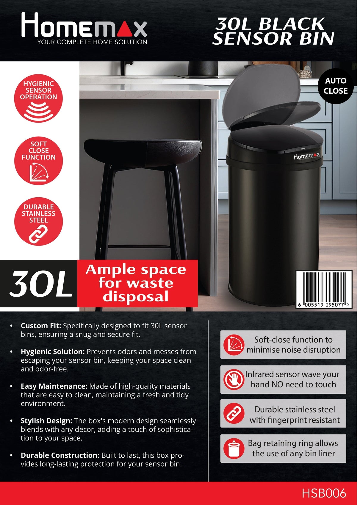 Homemax Bin Homemax 30L Black Sensor Bin Round HSB006