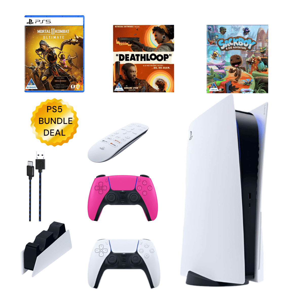 Sony VIDEO GAME CONSOLE PS5 Gamer Style Bundle Deathloop, MK 11 and more + Dual Controllers ( 1 Nova Pink )