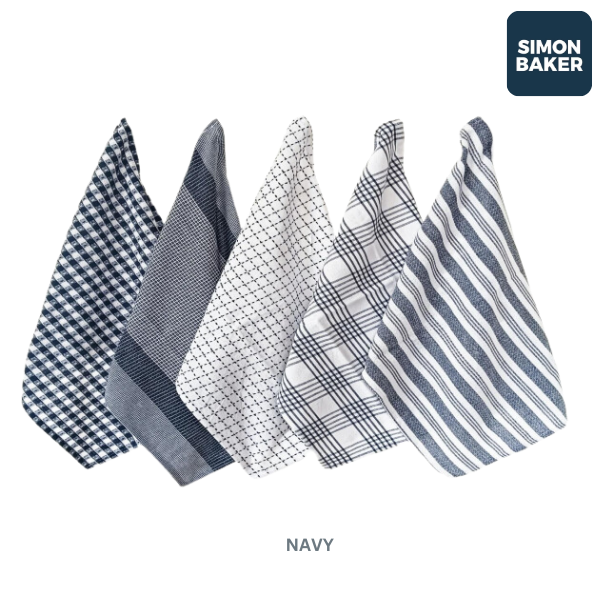 Simon Baker 100% Cotton Navy Kitchen Towel Set of 5