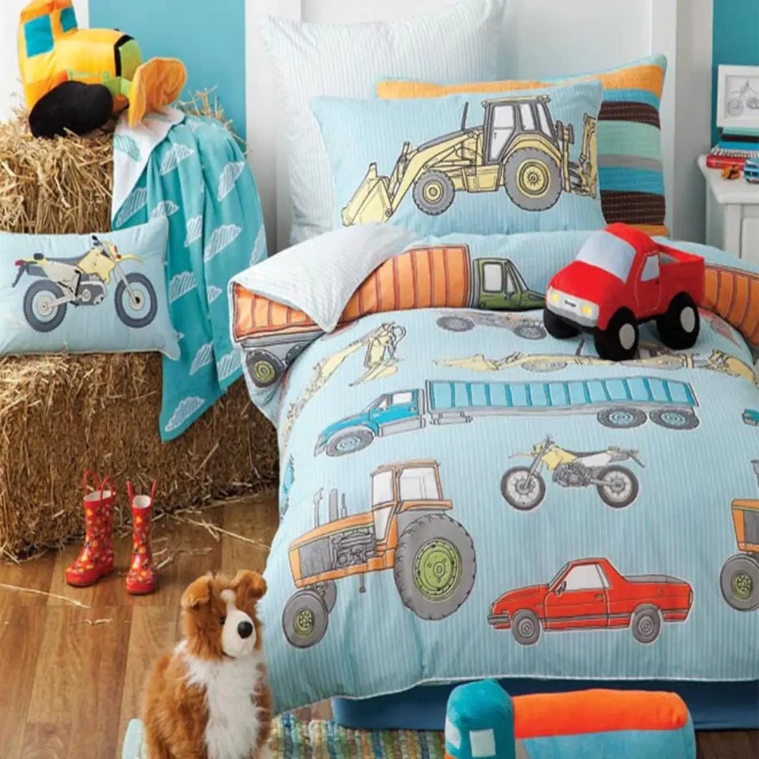 Linen House Duvet Cover Three quarter Linen House Hiccups Machinery Shed Blue Duvet Cover Set (7292600418393)