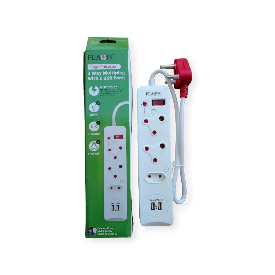 FLASH MULTIPLUG FLASH Surge Protector 3 Way Multiplug with 2 USB Ports (7481297010777)