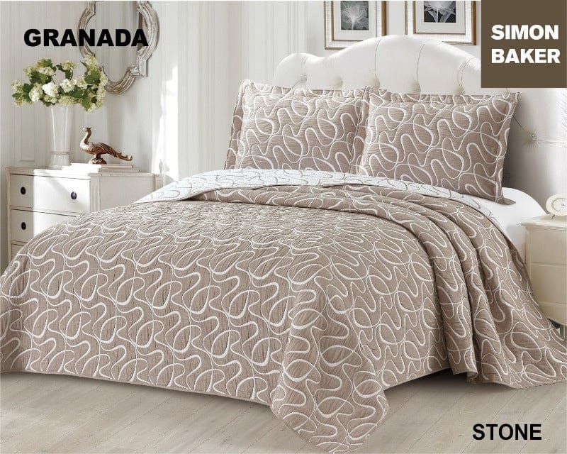 SIMON BAKER BEDSPREAD Queen: 250x270cms plus 2 Pillowcases Simon Baker Granada Jacquard Bedspread Stone (6595048996953)