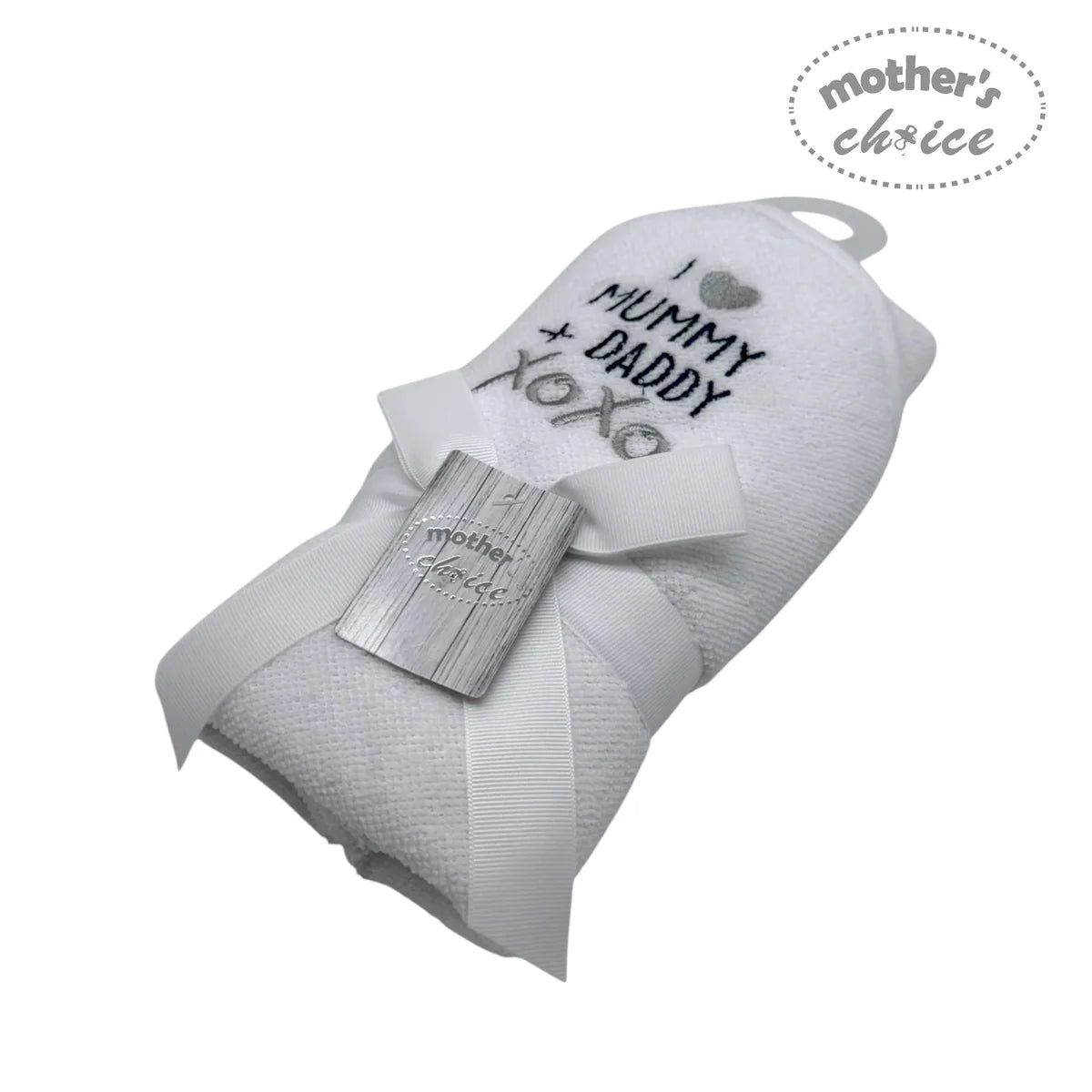Mothers Choice Hooded Towel And Bib I Love Mummy And Daddy 75x75cm HT3331
